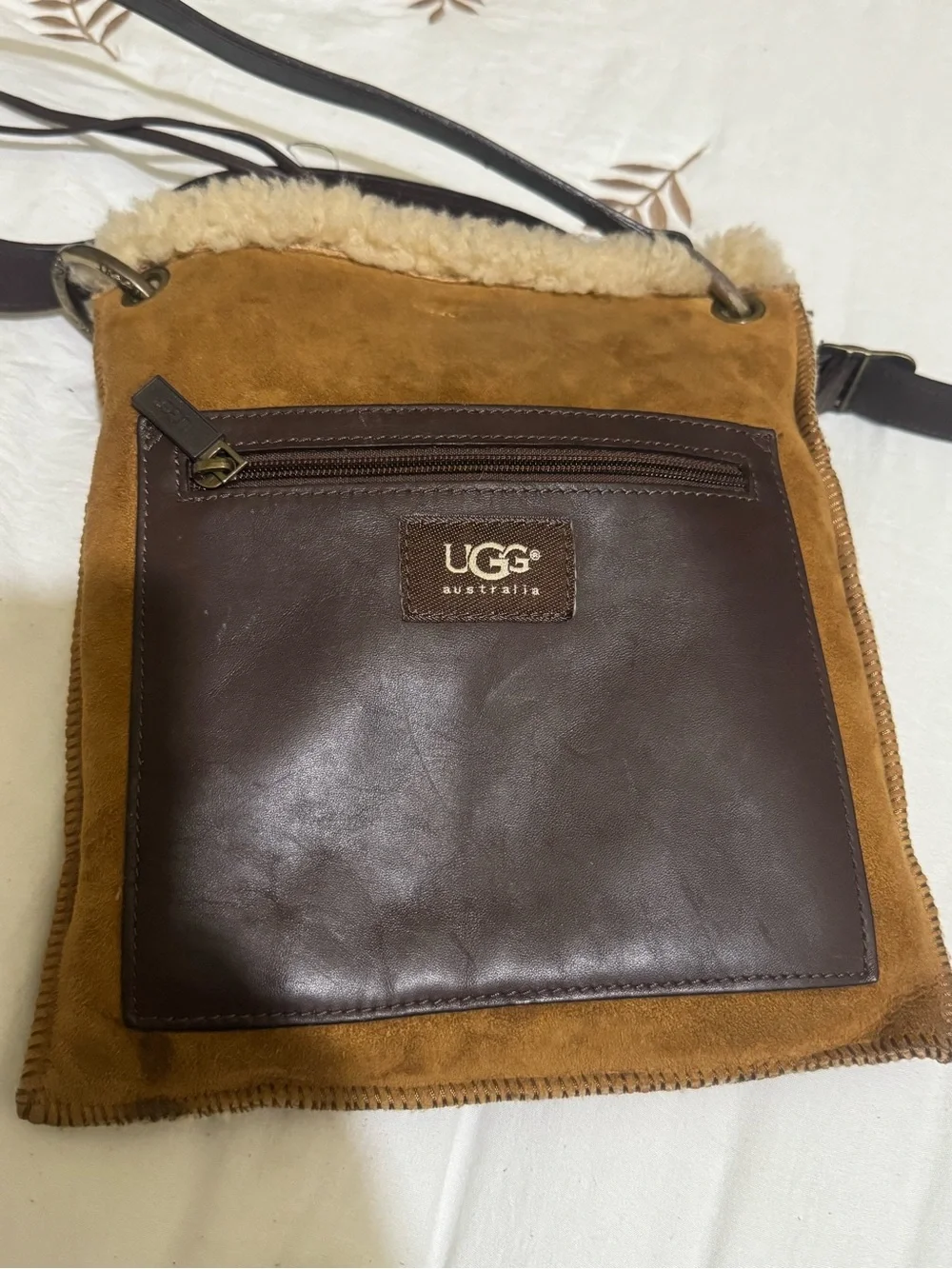 UGG Brown Suede and Dark Brown Leather Messenger Bag with Shearling Trim